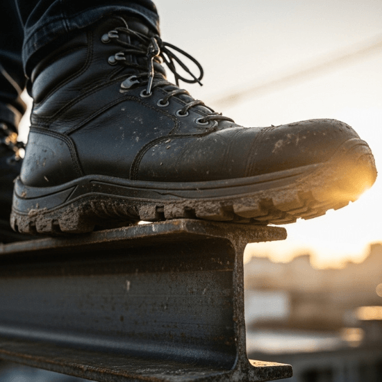 Close-up of a durable, rugged safety work boot resting on a steel I-beam at a construction site.