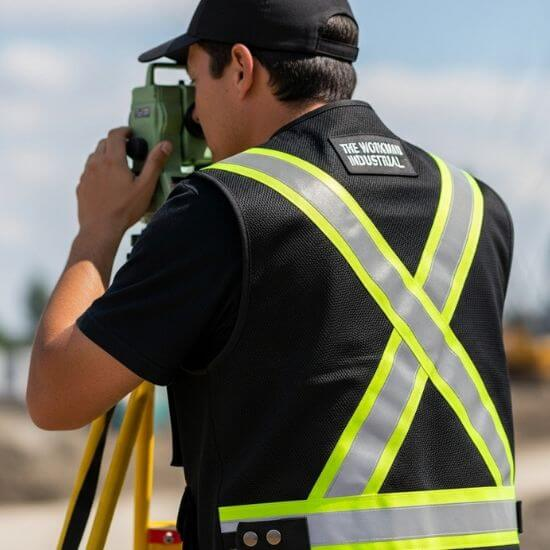 A professional surveyor on a construction site wearing a Workman Industrial high-visibility safety vest.