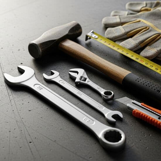 A collection of professional hand tools, including a hammer and wrench, neatly arranged on a concrete surface.
