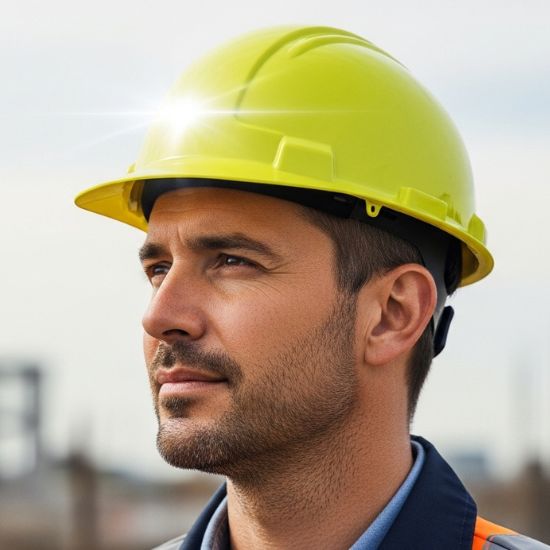 Professional construction worker wearing a modern yellow safety hard hat on a job site.