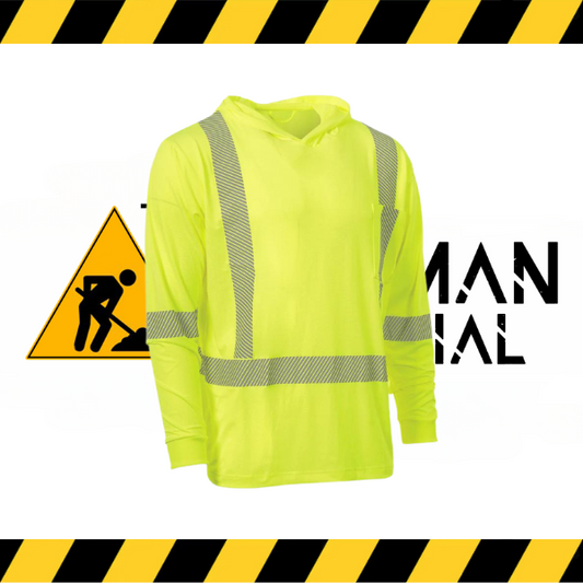 A yellow hooded long sleeve technical tee with a reflective striped pattern, displayed on a surface with a black and yellow striped background. The text 'Ultrasoft' and 'Forcefield' are visible on the image.