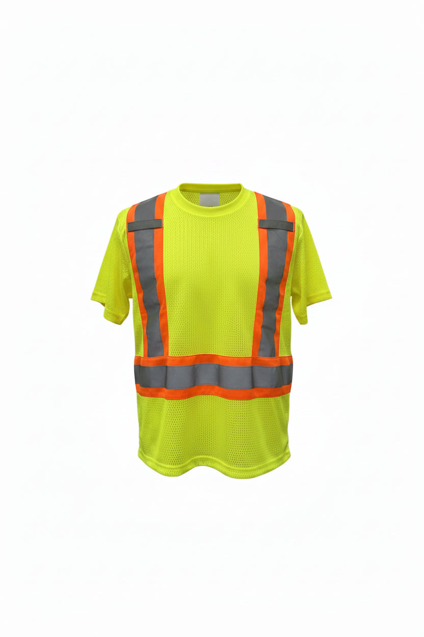 High-visibility safety shirt with reflective stripes on a hanger against a plain background