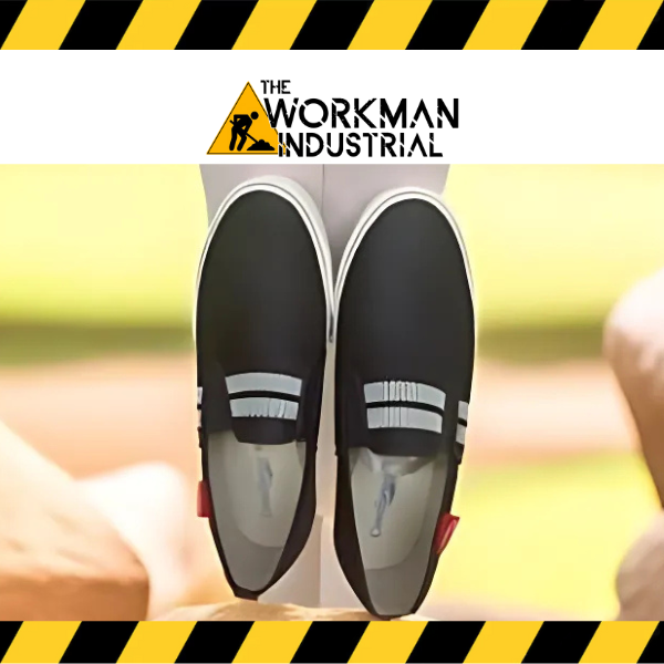 Top view of the AIRMAX men's slip-on sneaker in black with white stripes.