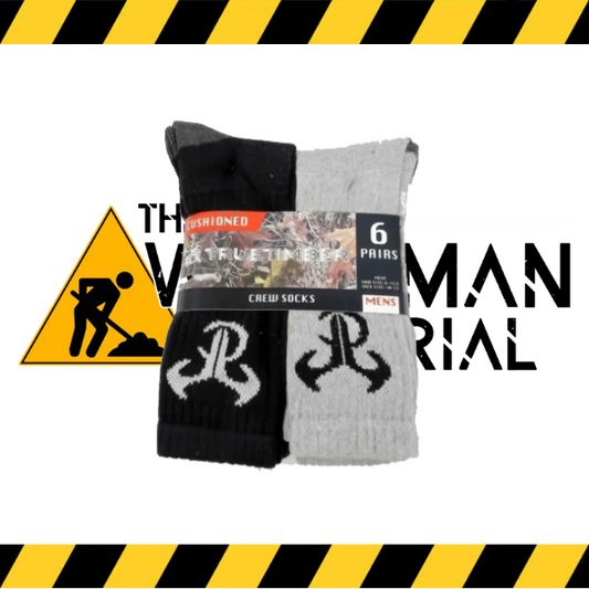A 6-pack of True Timber men's athletic crew socks in black and grey.