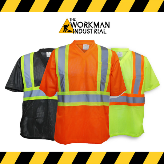 Big K hi-vis polyester mesh short sleeve safety t-shirts in orange, black, and lime.