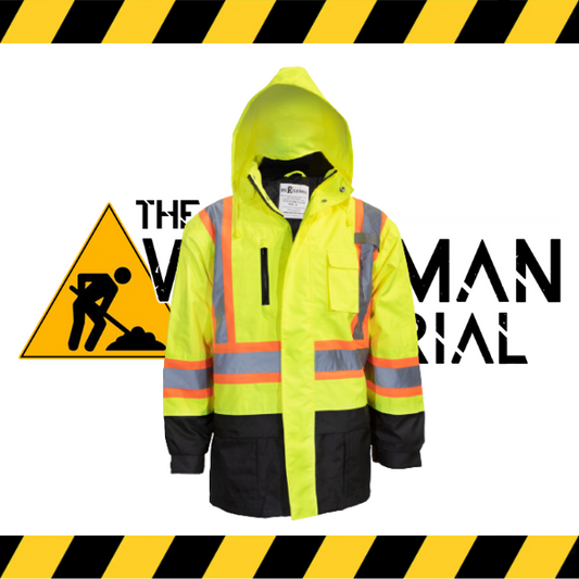 The Big K 3-in-1 hi-vis safety jacket in lime and black, shown fully assembled.