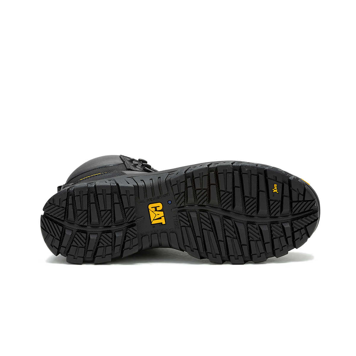 View of the slip-resistant rubber outsole and resilient EVA foam midsole on the CAT Threshold boot.
