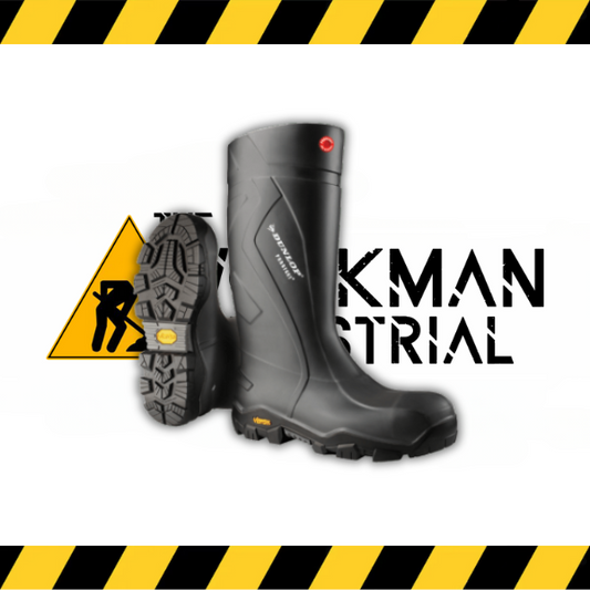 A black industrial boot with a Purofort shaft and Vibram outsole, featuring a yellow and black striped pattern on the outsole, with the brand name 'Dunlop' and 'Industrial' on the upper part of the boot.