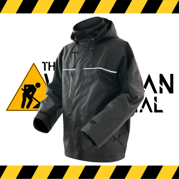 Front view of the Forcefield Dry Core waterproof work jacket with the hood attached.