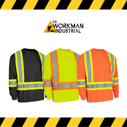 The three color variants of the Forcefield Hi-Vis Long Sleeve Safety Shirt: black, lime, and orange.