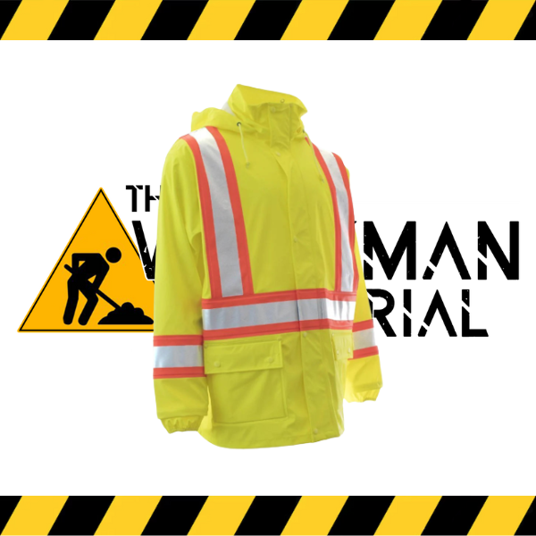 The Forcefield Hi-Vis FR Rain Jacket in fluorescent lime/yellow with reflective tape.