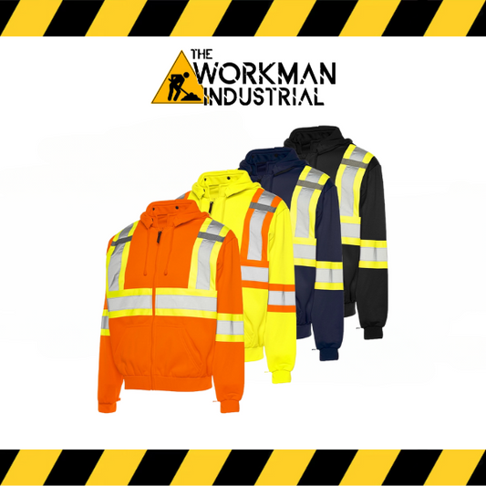 A collection of hi-vis traffic hoodies in orange, yellow, and black, featuring reflective tape and a detachable hood, displayed with a reflective striped background.