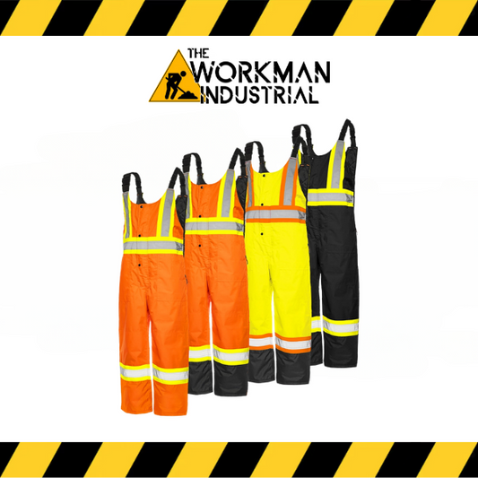 A set of winter traffic overalls in various colors including black, orange, yellow, and gray, featuring reflective tape and multiple pockets, displayed against a white background with a Workman Industrial logo at the top.