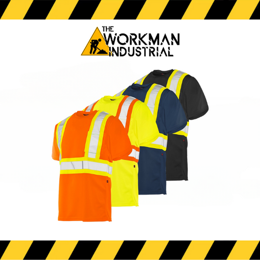 A selection of short sleeve polyester traffic t-shirts in various colors, each featuring reflective tape and a Workman Industrial logo at the top.