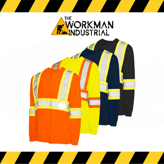 Four long sleeve polyester traffic T-shirts in orange, yellow, black, and navy colors, with reflective tape and a brand logo at the top.