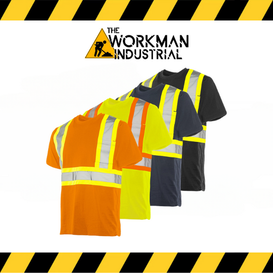 Four short sleeve cotton traffic t-shirts in orange, yellow, black, and navy colors, each featuring reflective tape and a left chest pocket. The t-shirts are displayed in a staggered layout with the Workman Industrial logo at the top.