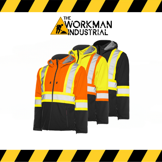 Three soft shell jackets in yellow, black, and orange with reflective tape and a detachable hood, displayed with a 'Workman Industrial' logo on the image.