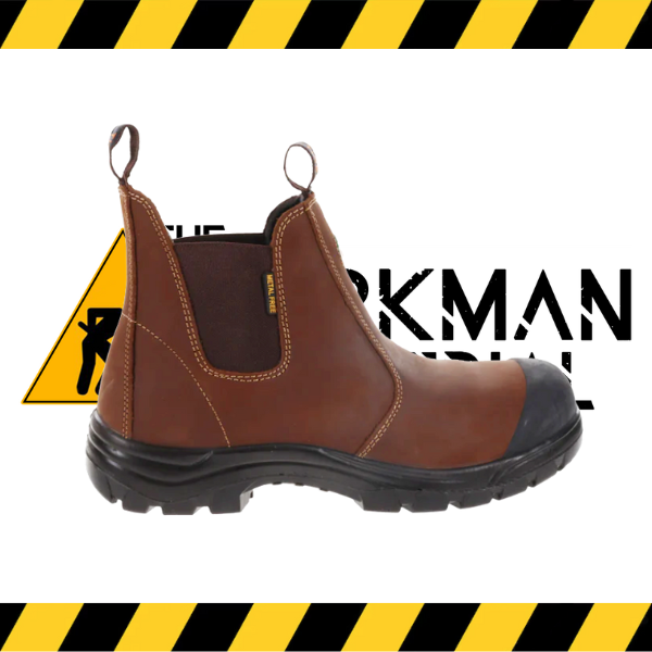 The Geronimo TREVOR pull-on CSA work boot in brown leather with a black bumper toe.