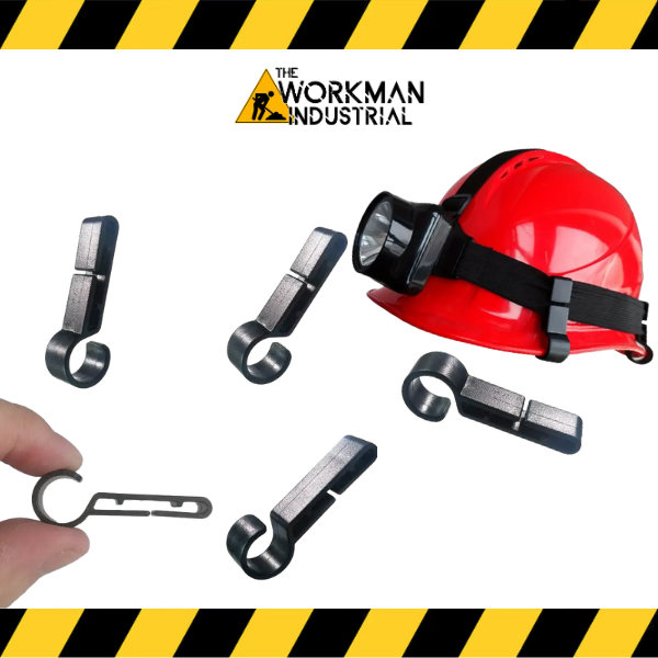 A set of four black hard hat headlamp clips shown with a headlamp mounted on a red hard hat.