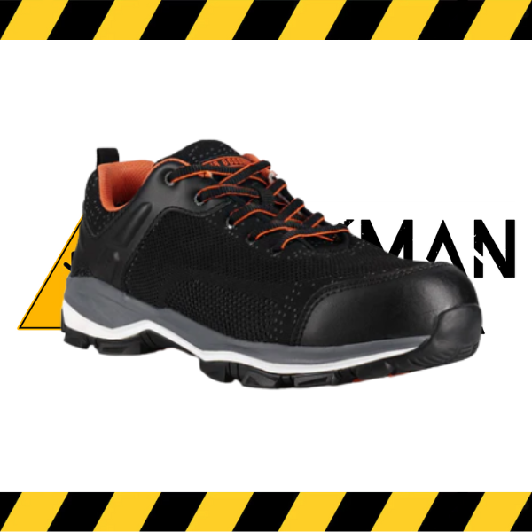 The J.B. Goodhue Condor Lo athletic CSA safety shoe in black with orange laces.