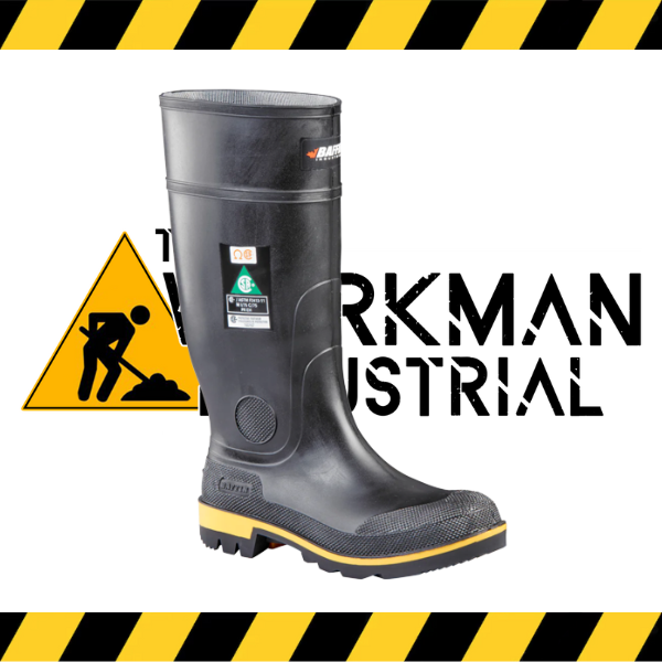 The Baffin Maximum men's tall CSA rubber safety boot in black with yellow sole accents.