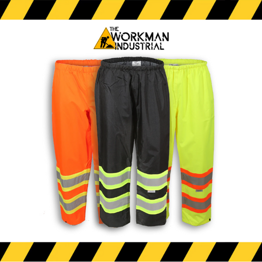 Big K 300 denier hi-vis waterproof rain pants in fluorescent orange, black, and yellow.