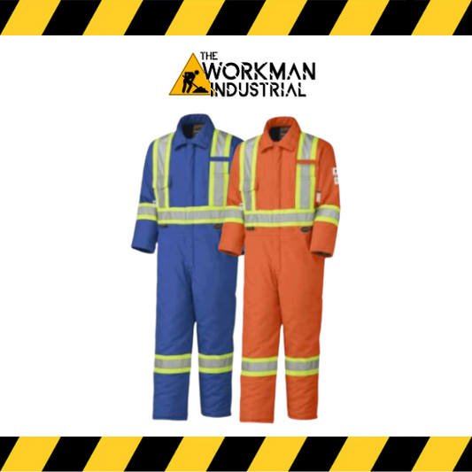 NomadPro high-visibility poly/cotton work coveralls in orange and blue.