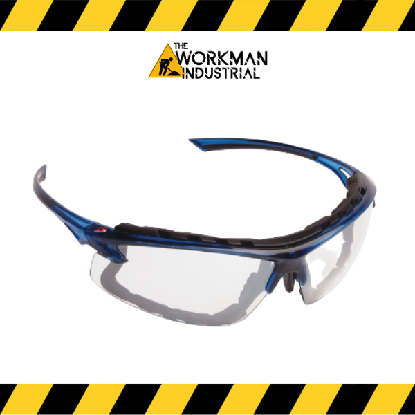 Opti-Seal semi-rimless safety glasses with blue temples.