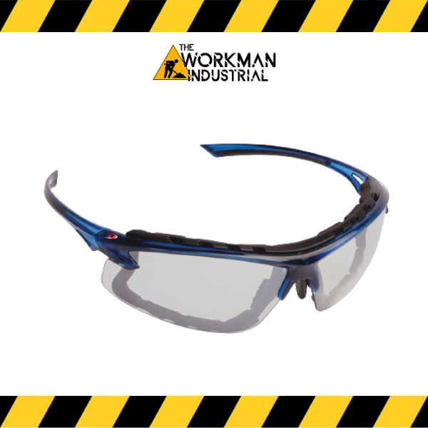 Opti-Seal semi-rimless safety glasses with blue temples.