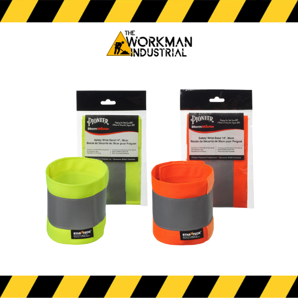 Pair of Pioneer hi-vis reflective arm bands in fluorescent orange and lime green.