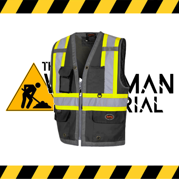 Pioneer hi-viz surveyor's safety vests with a breathable mesh back in black.