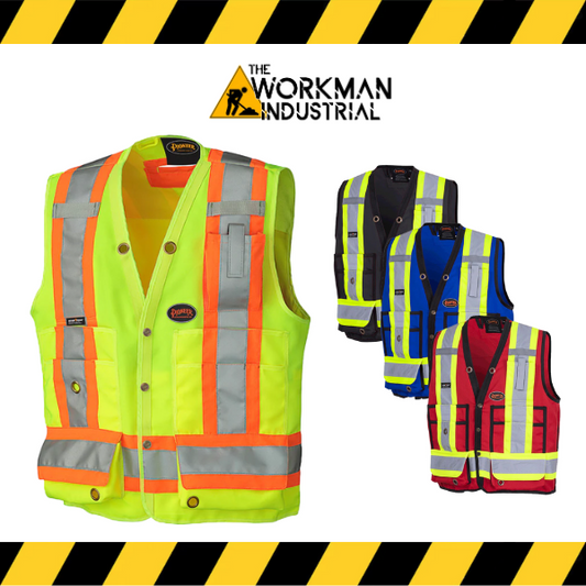 Pioneer 17-pocket hi-viz surveyor's safety vest in fluorescent orange/yellow.