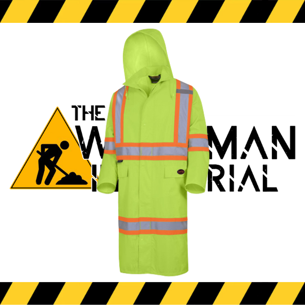 Full-length view of the Pioneer "The Rock" Hi-Viz Yellow/Green Long Coat.