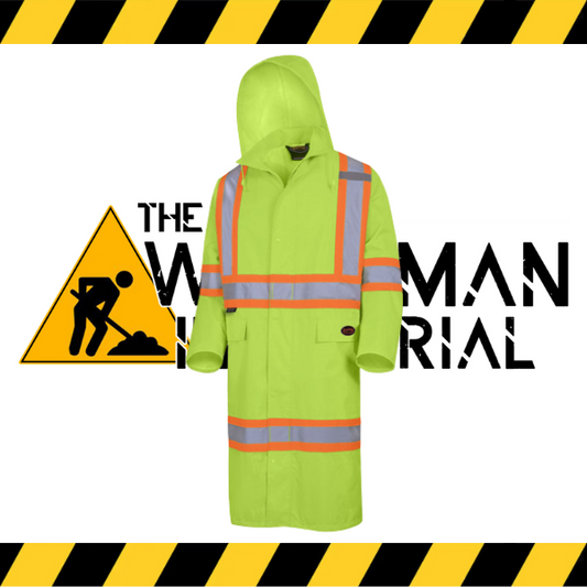 Full-length view of the Pioneer "The Rock" Hi-Viz Yellow/Green Long Coat.