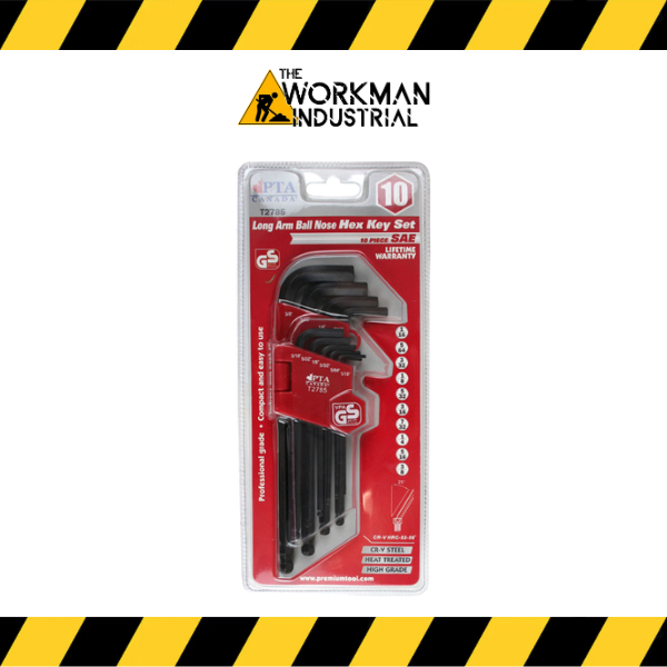 The complete 10-piece Premium Tools long arm ball end hex key set in its holder.