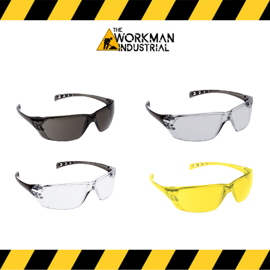 Slous rimless safety glasses with smoke temples and a clear lens.