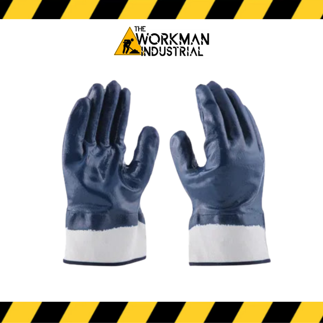 Heavy Weight Nitrile Fully Cotton Lined Blue Smooth Nitrile Coated Rough Finish Cuff Safety Gloves