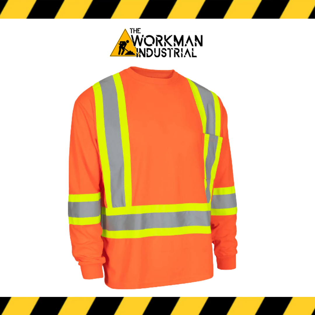 Forcefield Hi Vis Crew Neck Long Sleeve Safety Tee with Chest Pocket