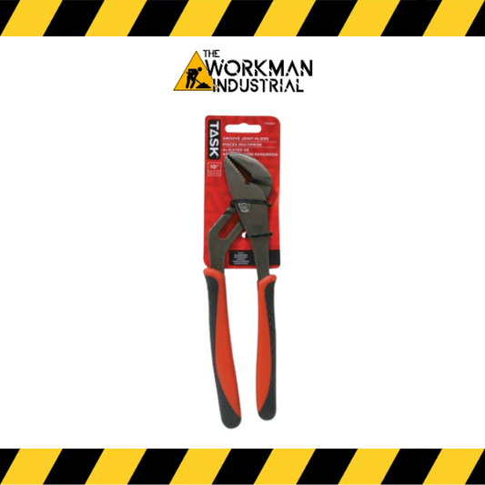 Task Tools 10-inch groove joint pliers with orange and black comfort grips.