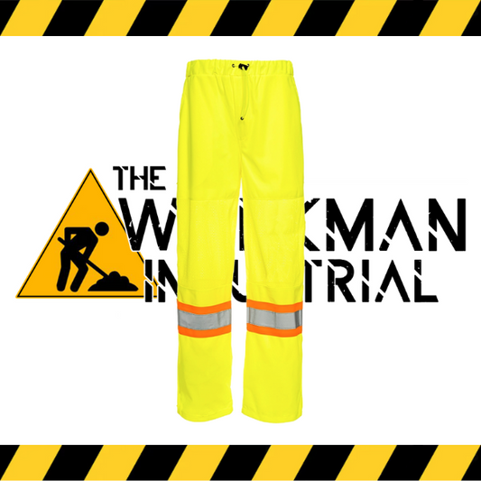 The Excalibur Hi-Vis Traffic Pants in fluorescent yellow with reflective tape.