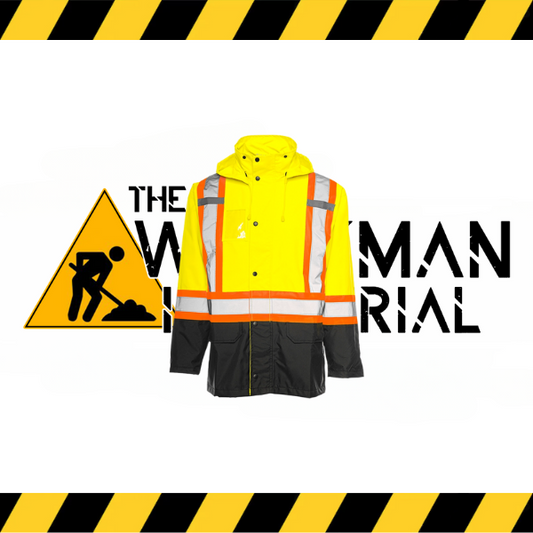 A yellow and black hi-vis rain jacket with reflective stripes, a hood, and detachable cuffs, displayed against a white background with black and yellow striped background.