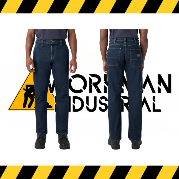 A pair of Dickies FLEX Regular Fit Carpenter Utility Jeans with a straight leg style, featuring multiple pockets including a tape measure loop, utility pocket, and a ruler pocket.