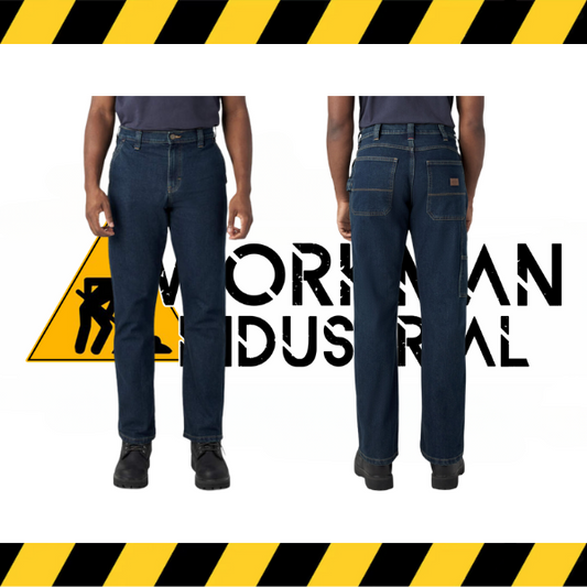 A pair of Dickies FLEX Regular Fit Carpenter Utility Jeans with a straight leg style, featuring multiple pockets including a tape measure loop, utility pocket, and a ruler pocket.