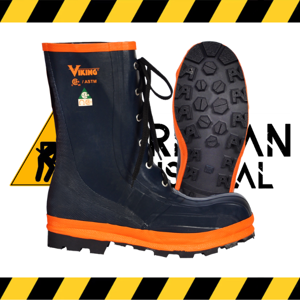 The Viking Handyman lace-up rubber safety boot in black with orange sole.