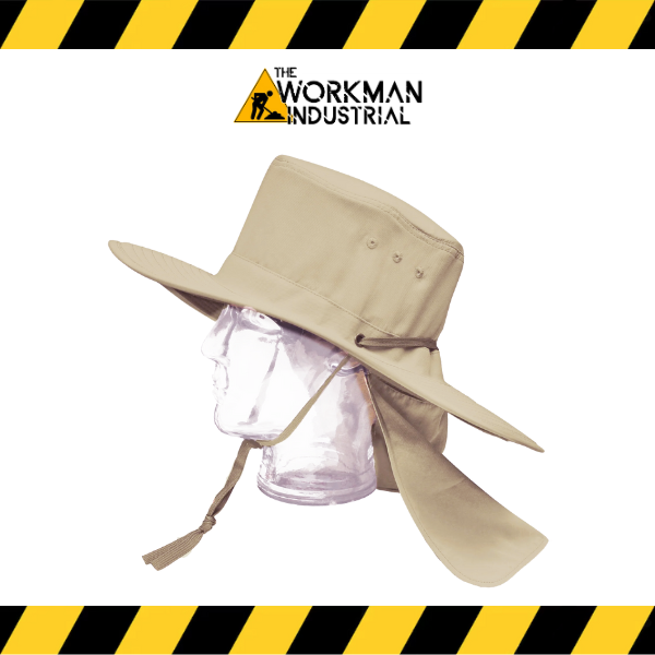 The World Famous Expedition Sun Hat in a khaki color, showing the full neck flap.