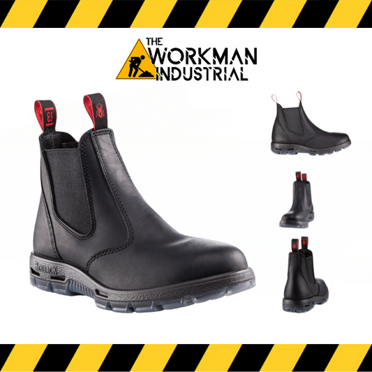 RedBack Bobcat soft toe work boot in matte black full-grain leather.