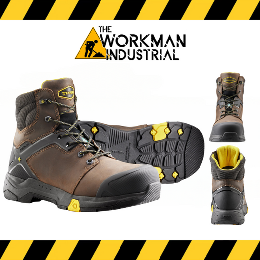 A pair of brown Terra Carbine 6" waterproof composite toe safety work boots with yellow accents and a black and yellow speedhook design.