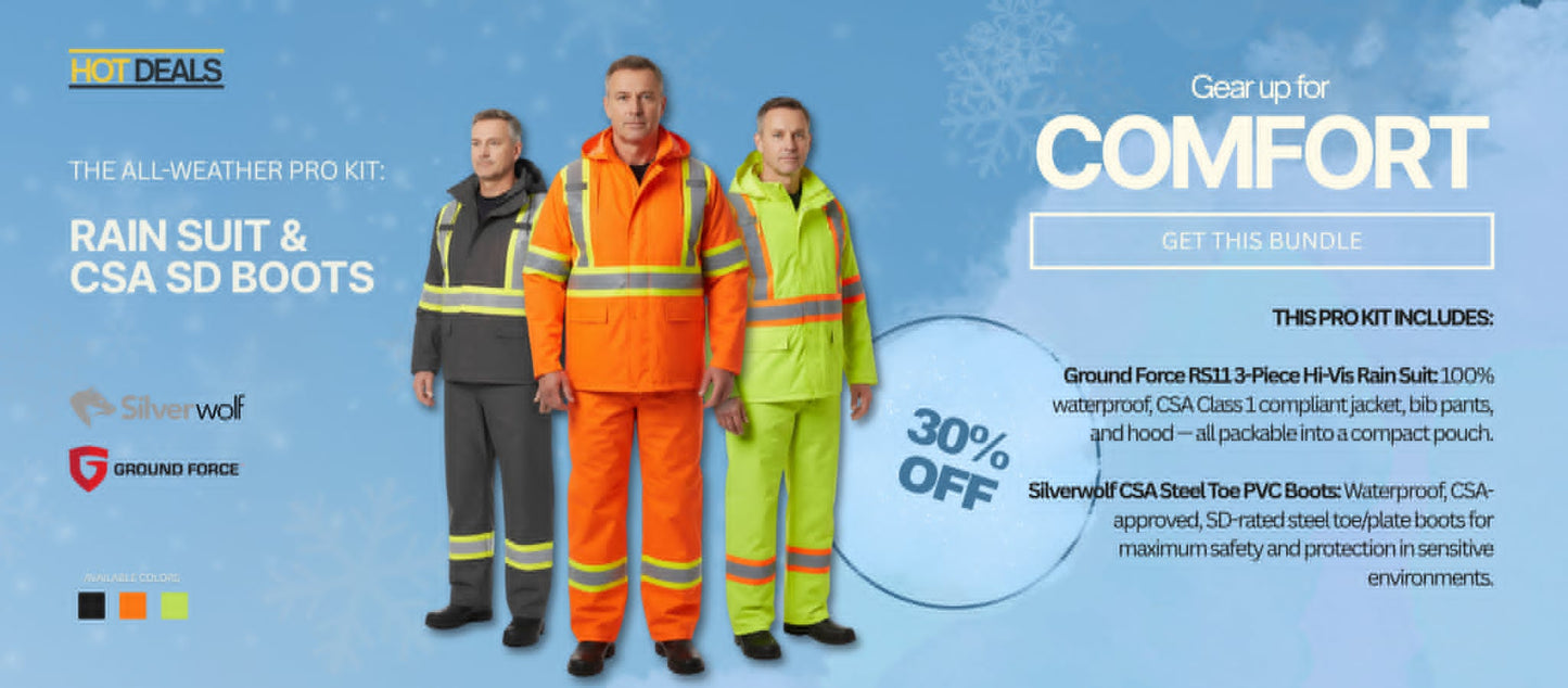 The All-Weather Pro Kit bundle, showing the Ground Force hi-vis rain suit and the Silverwolf waterproof CSA SD safety boots.