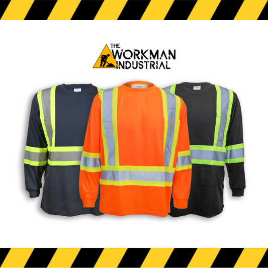 Big K 100% cotton hi-vis long sleeve safety shirts in orange, black, and navy.