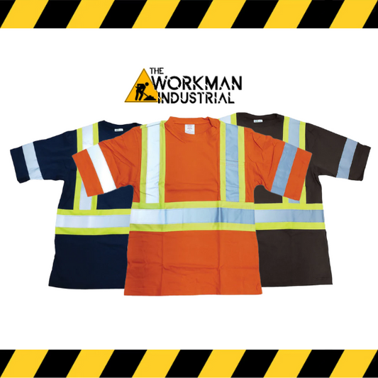 Big K 100% cotton hi-vis short sleeve safety t-shirts in orange, navy, and brown.